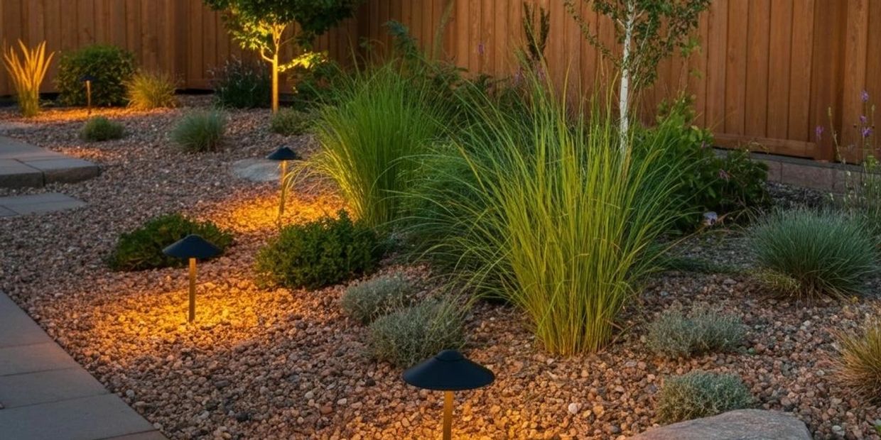 A well-lit garden with gravel, plants, and a wooden fence in the evening.