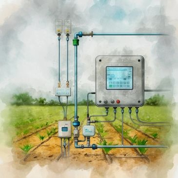 Automated irrigation system monitoring young crops in a field.
