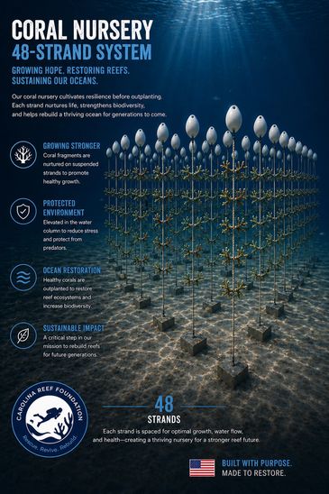 Underwater coral nursery system nurturing coral growth and ocean restoration.