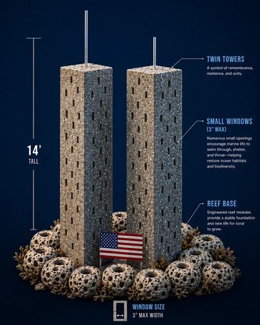 Coral reef restoration structure resembling twin towers, 14 feet tall with small windows.