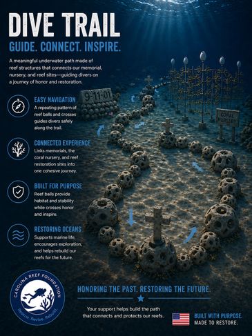 Underwater dive trail with reef structures guiding divers on a journey of honor and restoration.