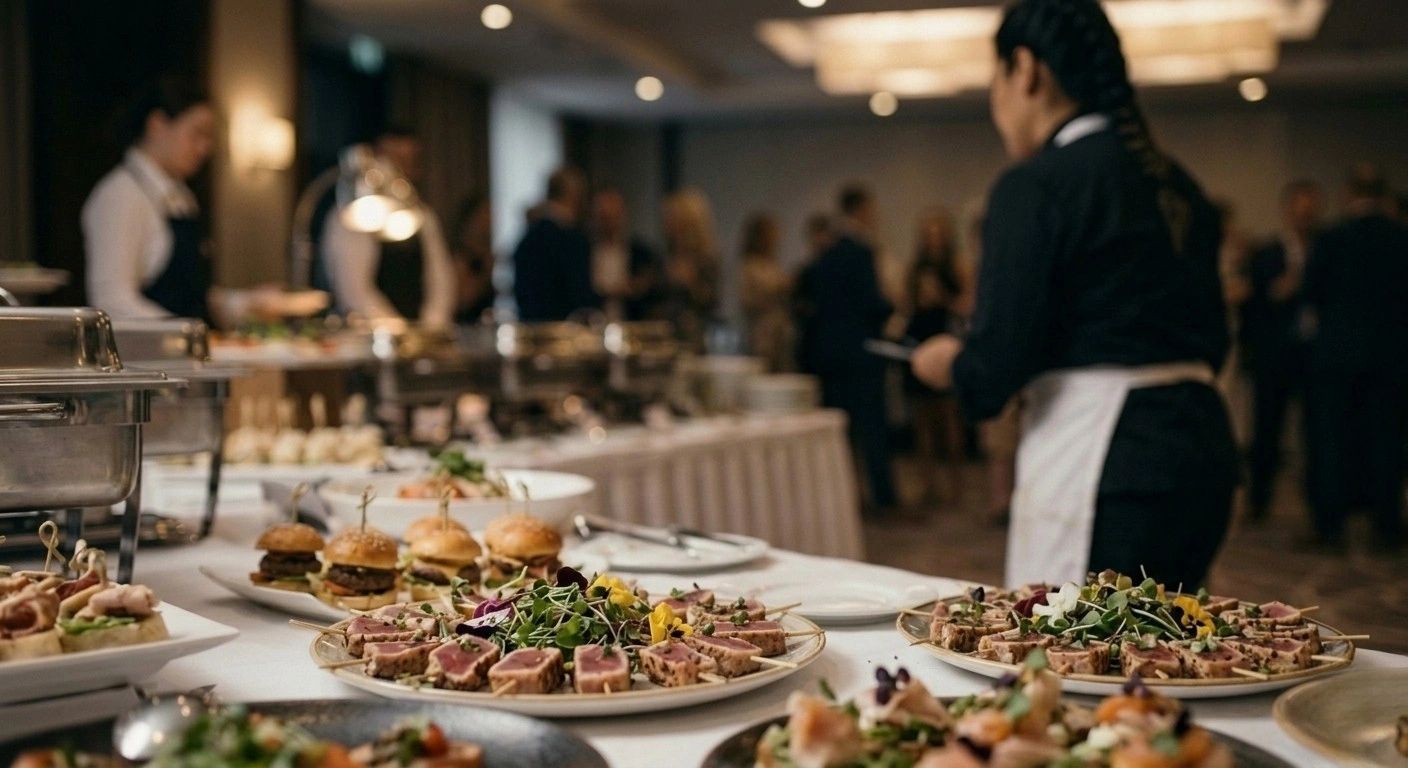 Catering staff prepares a buffet with gourmet appetizers and mini burgers for a formal event.