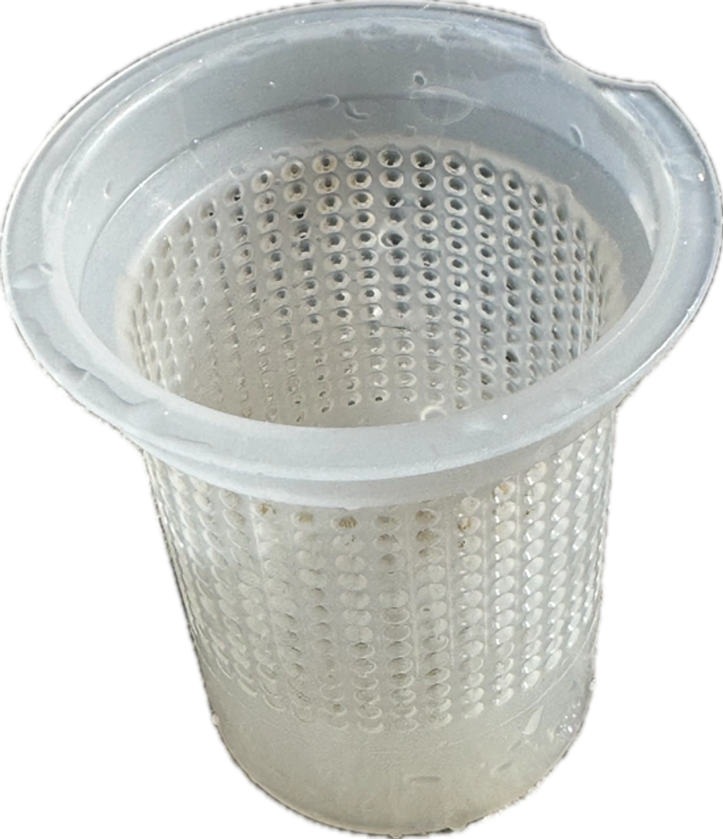 White plastic strainer basket with perforations.