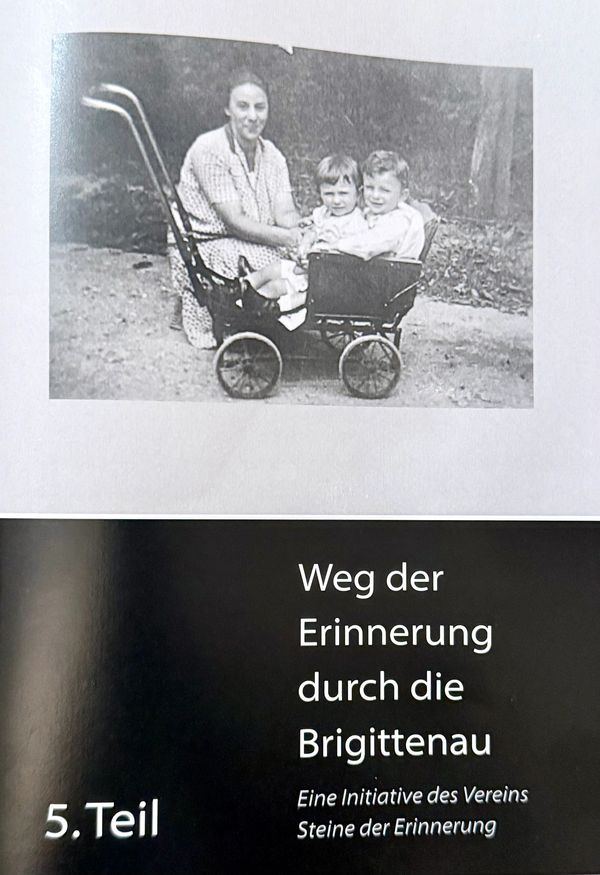 Black and white photo with German text about memory in Brigittenau.