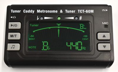Tuner Caddy Tuner: chromatic tuner/metronome, green in tune, transposes to C, Bb, Eb, F, portable.
