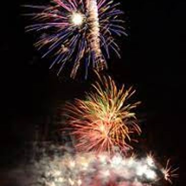 Colorful fireworks burst against the night sky.