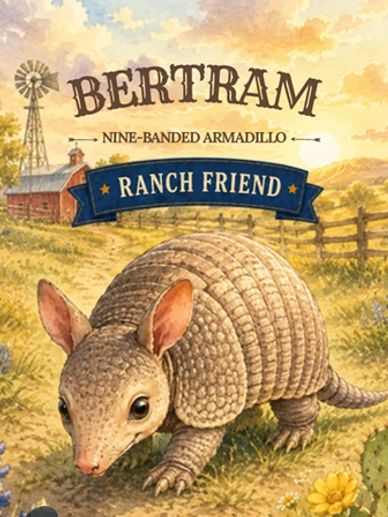 Illustration of Bertram the nine-banded armadillo as a ranch friend.