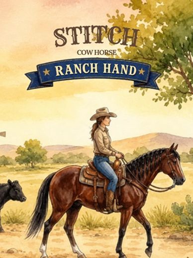 Cowgirl riding a horse with a calf nearby in a ranch setting.
