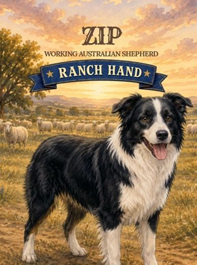 Working Australian Shepherd dog named Zip on a farm.