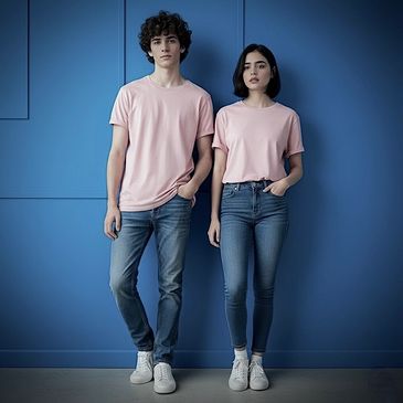 Young man and woman wearing matching pink t-shirts and blue jeans against a blue wall.