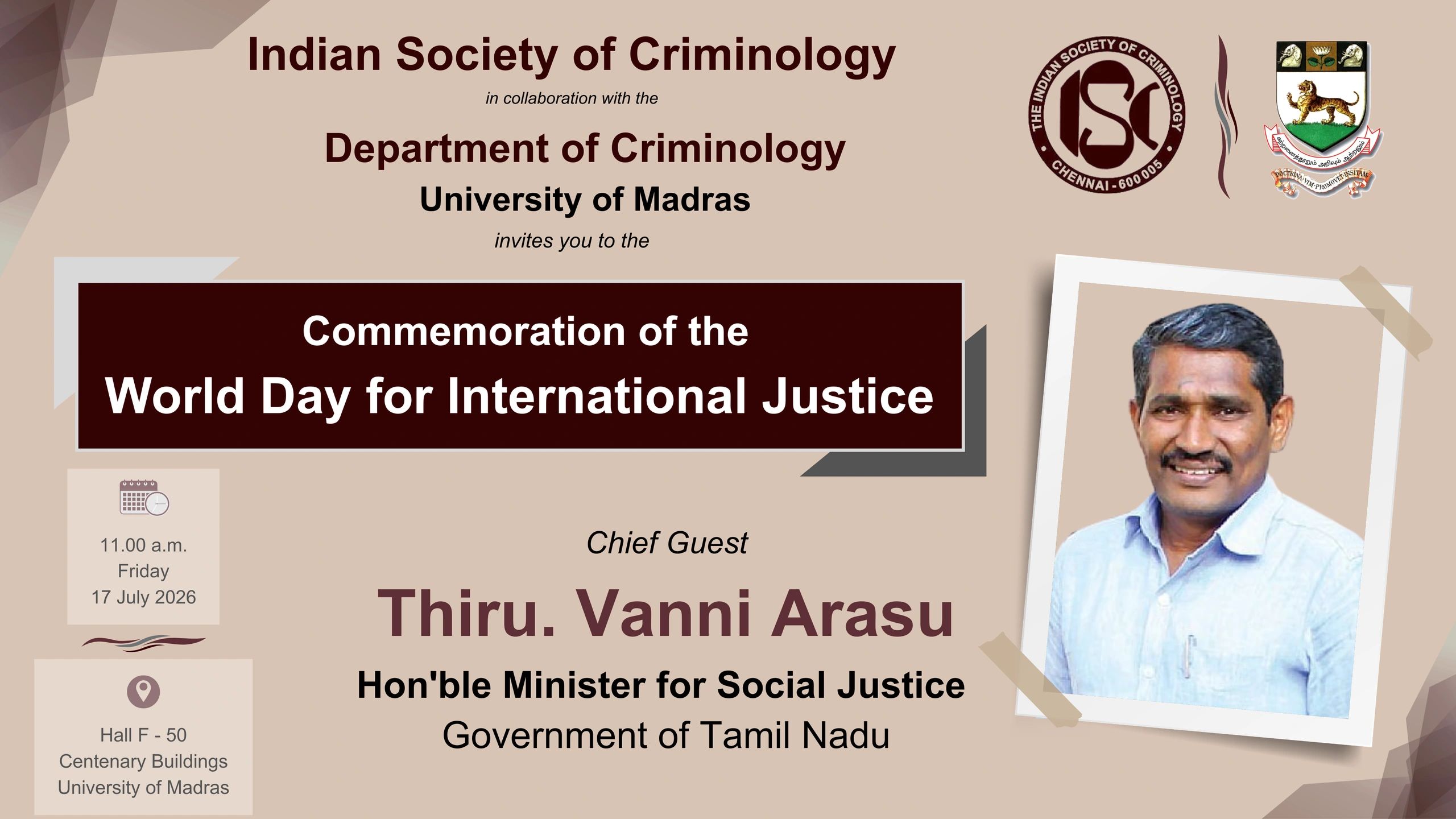 Invitation to World Day for International Justice event with chief guest Thiru Vanni Arasu.
