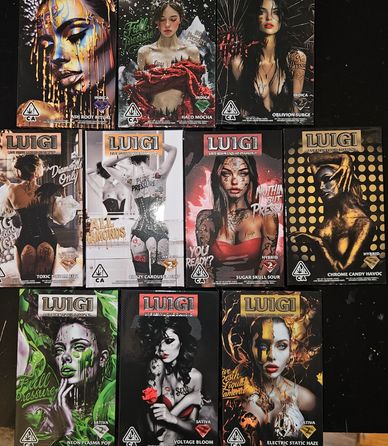 Artistic cannabis packaging featuring vibrant, surreal female portraits.
