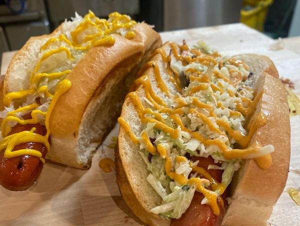 hot dog on counter with boston bun