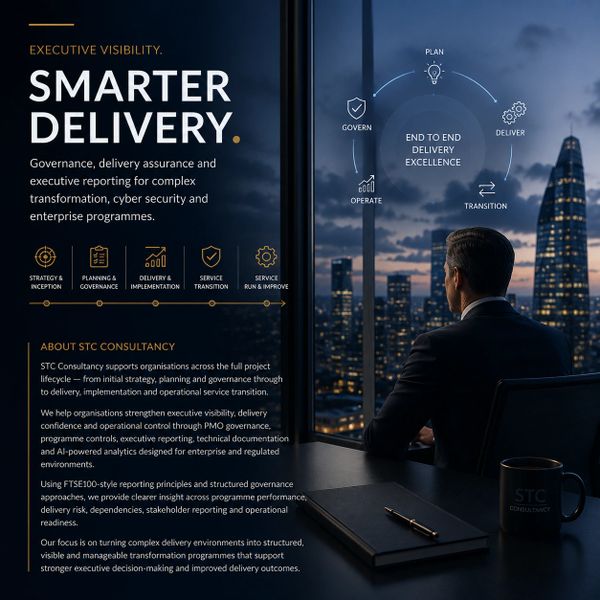 Corporate executive overlooking city, promoting smarter delivery and governance in consultancy.