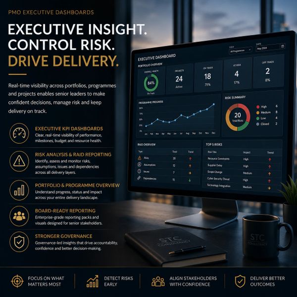 PMO executive dashboards showing real-time project insights and risk control.