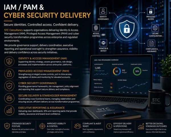 Overview of IAM, PAM, and Cyber Security Delivery with secure identities and controlled access.