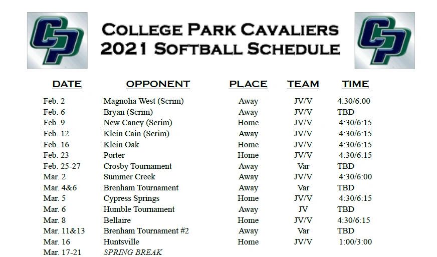 Schedule College Park Cavaliers Softball