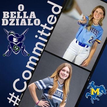 O Bella Dzialo committed to a college softball team, wearing jerseys and holding a bat.