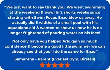 Positive parent testimonial praising Swim Focus Enzo for boosting children's swimming skills and confidence.