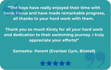 Positive testimonial praising Swim Focus for improving boys' swimming skills.
