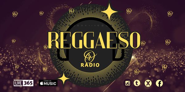 Reggaeso Radio logo with gold and black design on purple background.