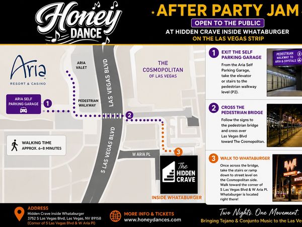 Map and instructions for Honey Dance After Party Jam at Hidden Crave inside Whataburger on Las Vegas Strip.