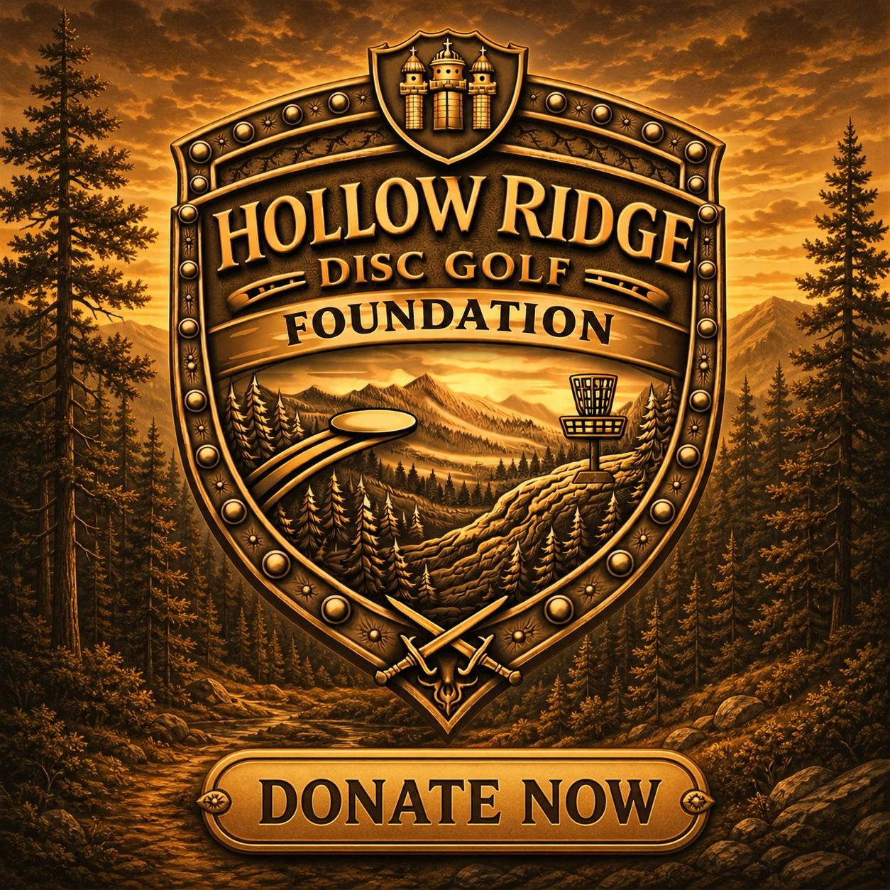 Hollow Ridge Disc Golf Foundation logo with a call to donate.