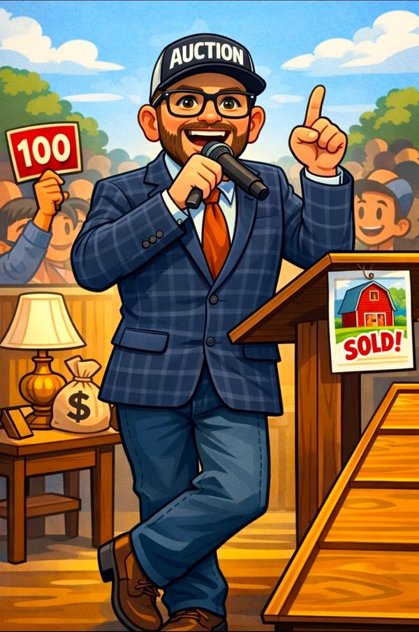 Auctioneer selling a house at auction with lively crowd.