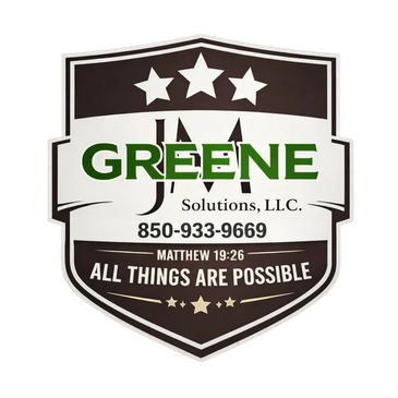 Shield logo for Greene J Solutions with contact and inspirational text.