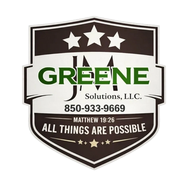 Shield logo for Greene J Solutions with contact and inspirational text.