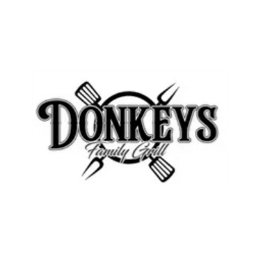 Logo for Donkeys Family Grill with grill utensils.