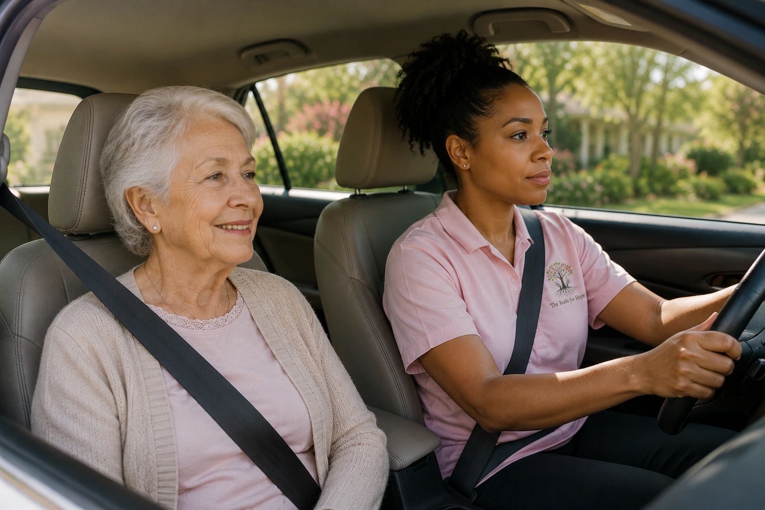 A young woman driving an elderly woman in a car.