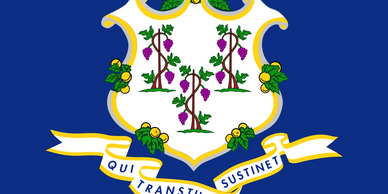 Flag of Connecticut with grapevines and motto on a blue background.
