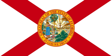 Flag of Florida with a red X and state seal.