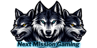 Three fierce wolves with glowing eyes and the text Next Mission Gaming.