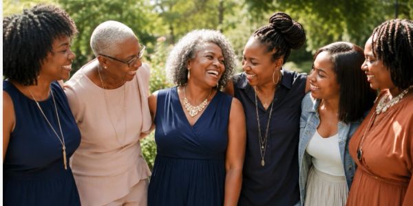 A group of six women smiling and enjoying time together outdoors.