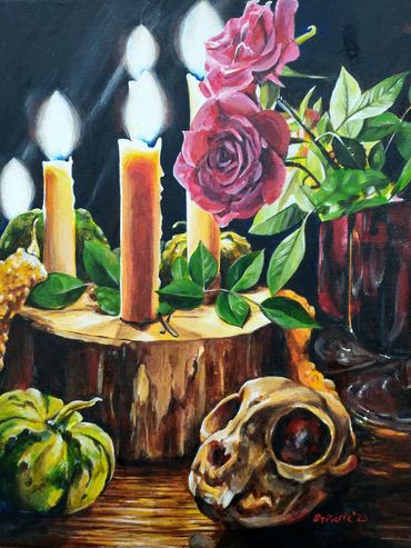 Still life painting mini pumpkins, roses, and animal skull by candles