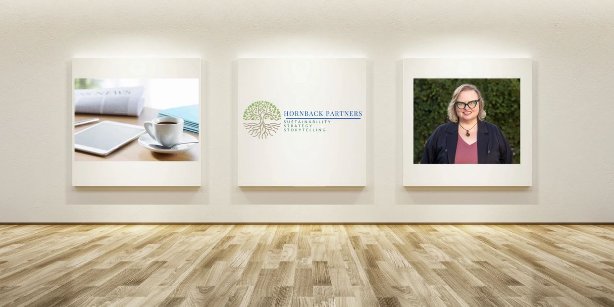 Hornback Partners logo, their founder Stephanie Tonnesen Hornback, coffee, news and iPad.  