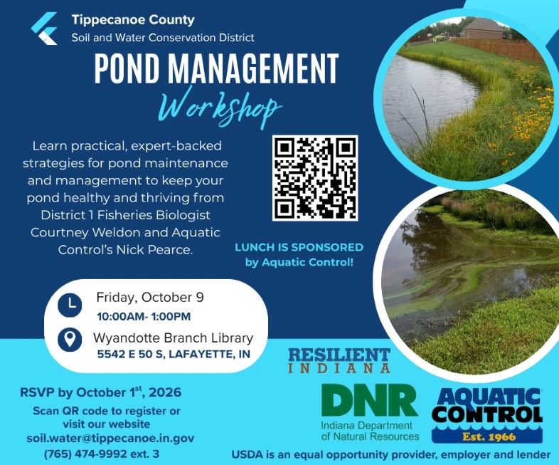 Flyer for a pond management workshop in Tippecanoe County.