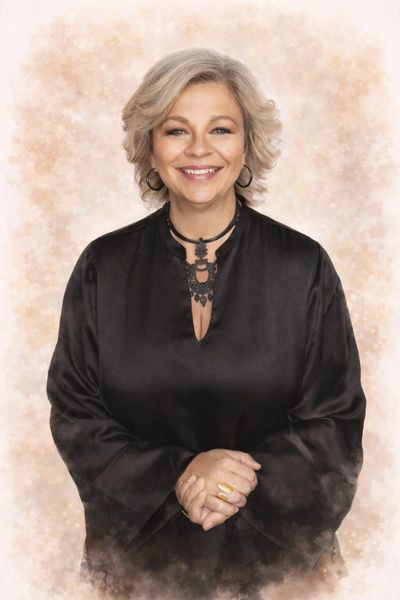 Smiling woman in black attire with elegant necklace and hoop earrings.