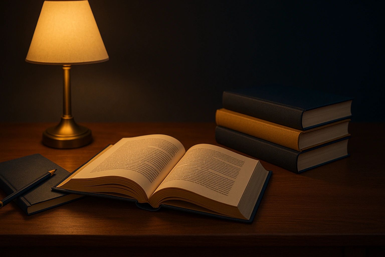 A cozy study scene with an open book, stacked books, and a warm lamp on a wooden desk.