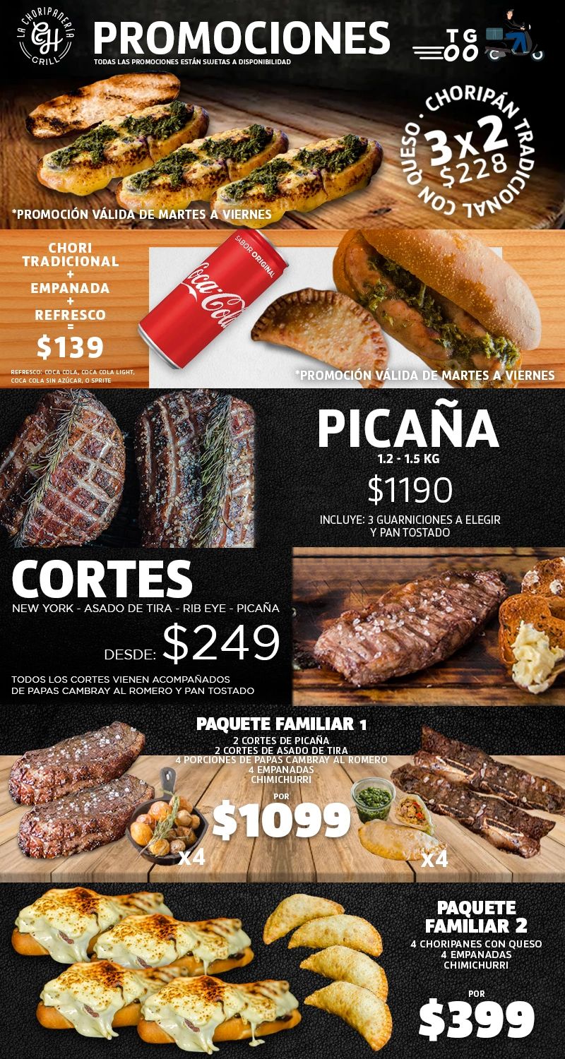 Promociones de carnes, choripanes, empanadas y paquetes familiares en La Choripanera Grill.