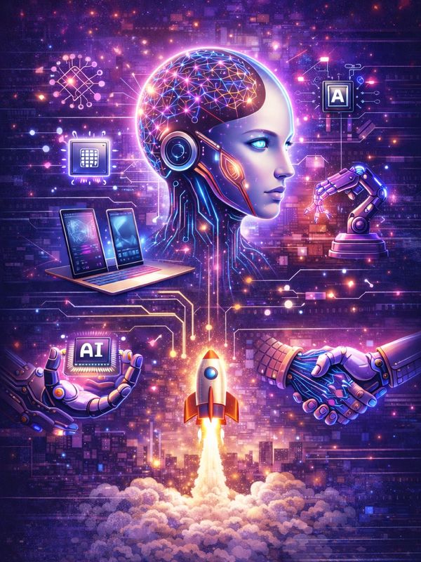 Futuristic AI concept with robotic head, tech elements, and rocket launch.