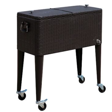Wicker-style rolling cooler with dual lids and handles.