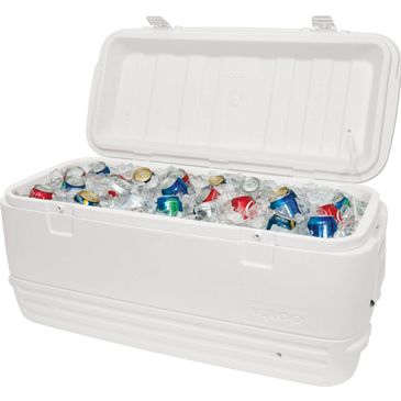 Large white cooler filled with ice and assorted soda cans.
