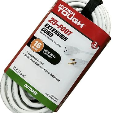 25-foot outdoor light-duty extension cord with 16-gauge wire.