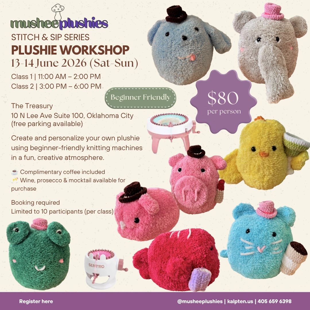 Plushie workshop in June 2026 with knitting machines and cute plushie examples.
