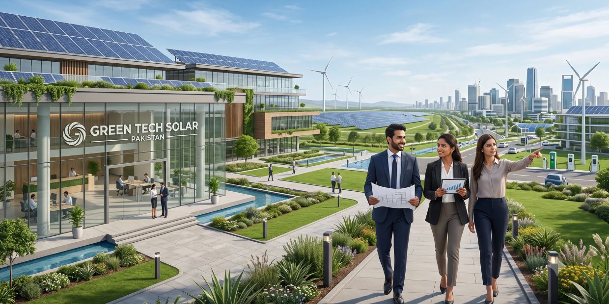 Three professionals discussing solar energy project in front of a solar tech building.