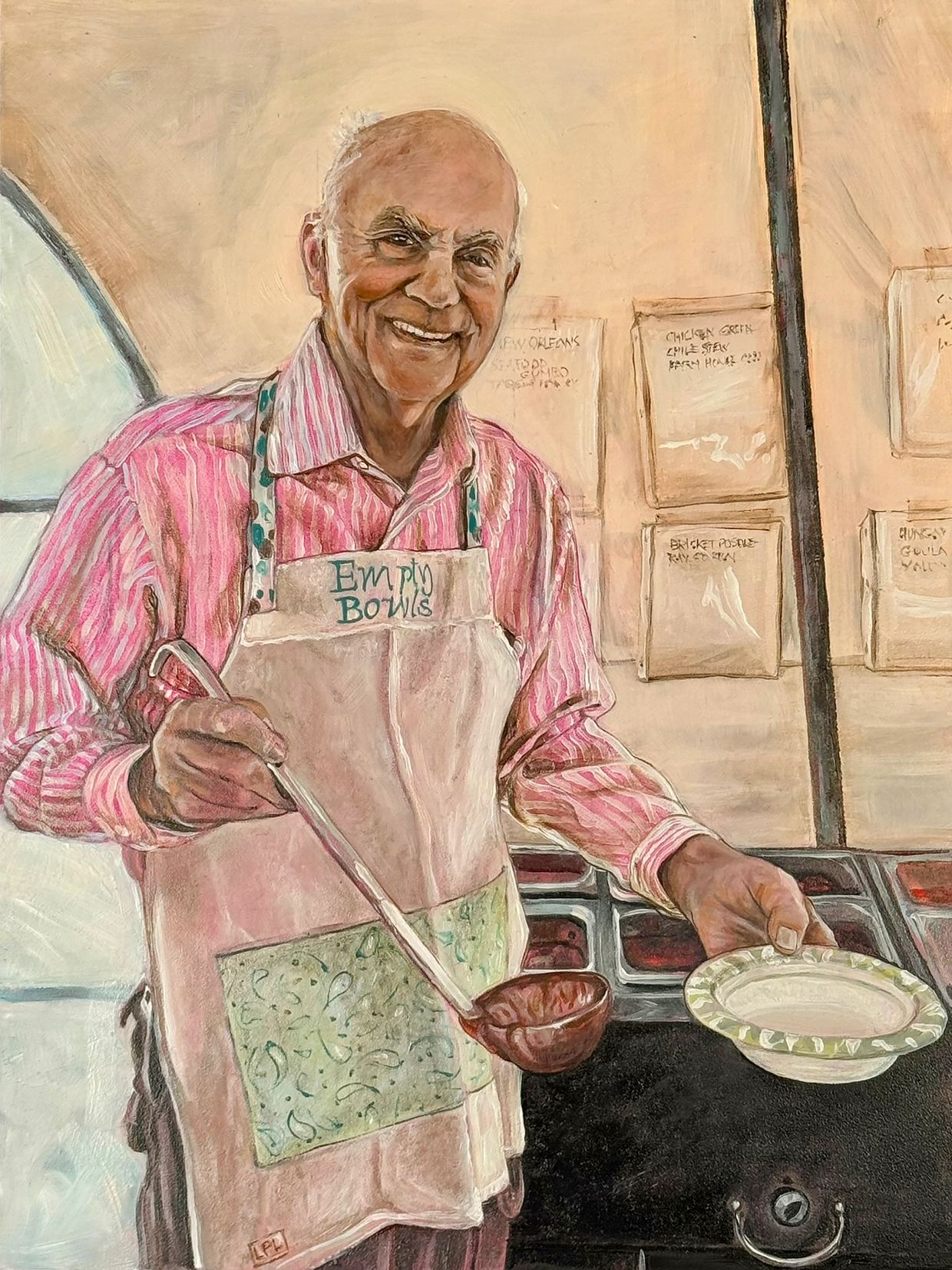 Oil portrait of broadly smiling man in striped shirt and apron holding a ladle and an empty bowl.