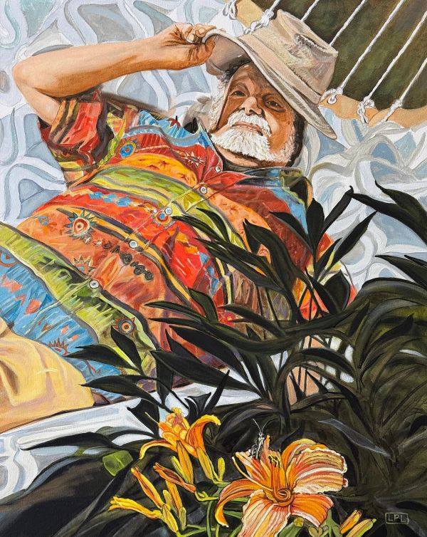 An elder man in colorful shirt relaxes in a sun-flooded hammock while lilies are highlighted in the 